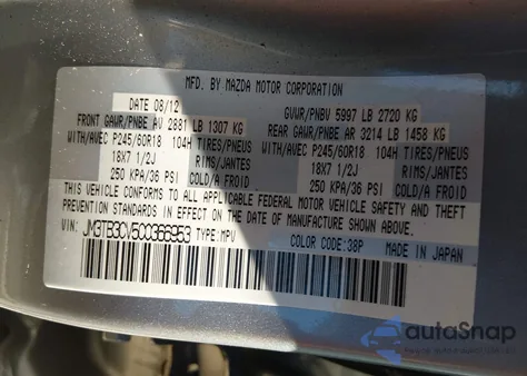 2012 Mazda Cx-9 Touring z USA, uszkodzony, nr VIN JM3TB3CV5C0366953